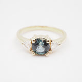 14k Montana Sapphire Round with Trillion Diamonds