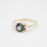 14k Montana Sapphire Round with Trillion Diamonds