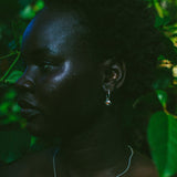 A close-up side profile of a person outdoors among green leaves, wearing a delicate silver necklace with a small round pendant and a matching silver hoop earring.