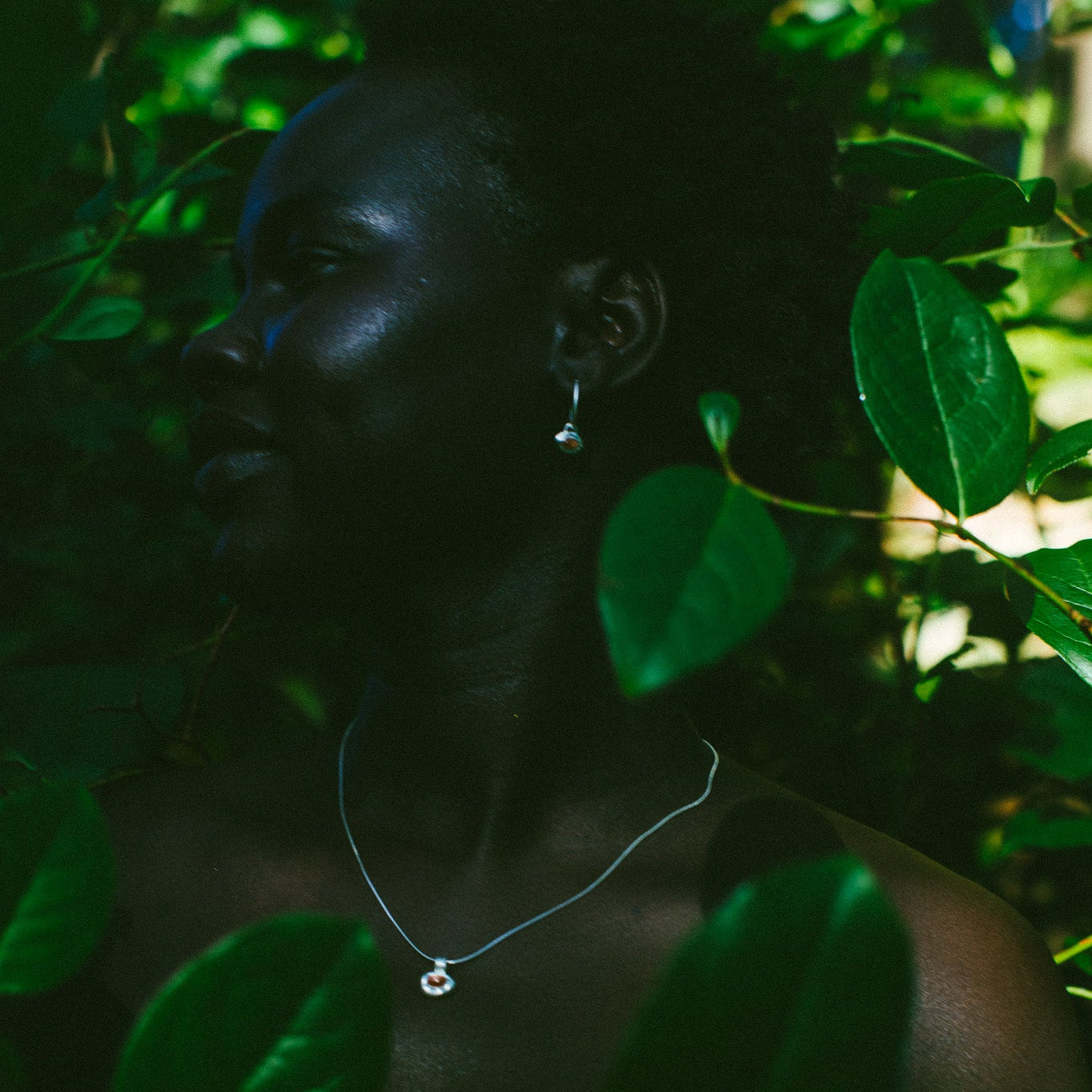 A woman in profile wearing a delicate silver necklace and earring, framed by lush green leaves in a dark, moody outdoor setting.