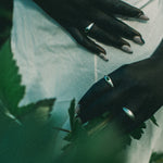 A close-up lifestyle shot of a person's hands with silver rings, resting on a white fabric surface with green leaves in the foreground.