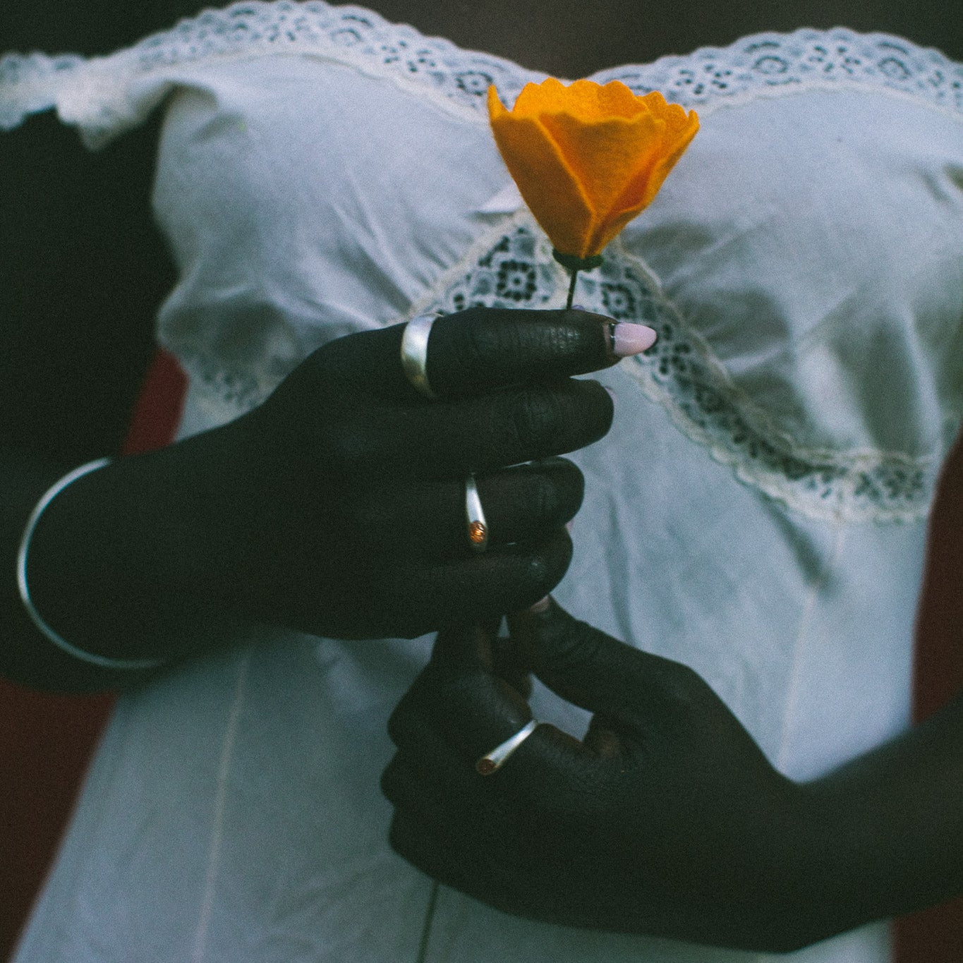 A close-up of a person wearing a white lace-trimmed dress, holding a single orange flower. The person is also wearing several silver rings and a delicate necklace.