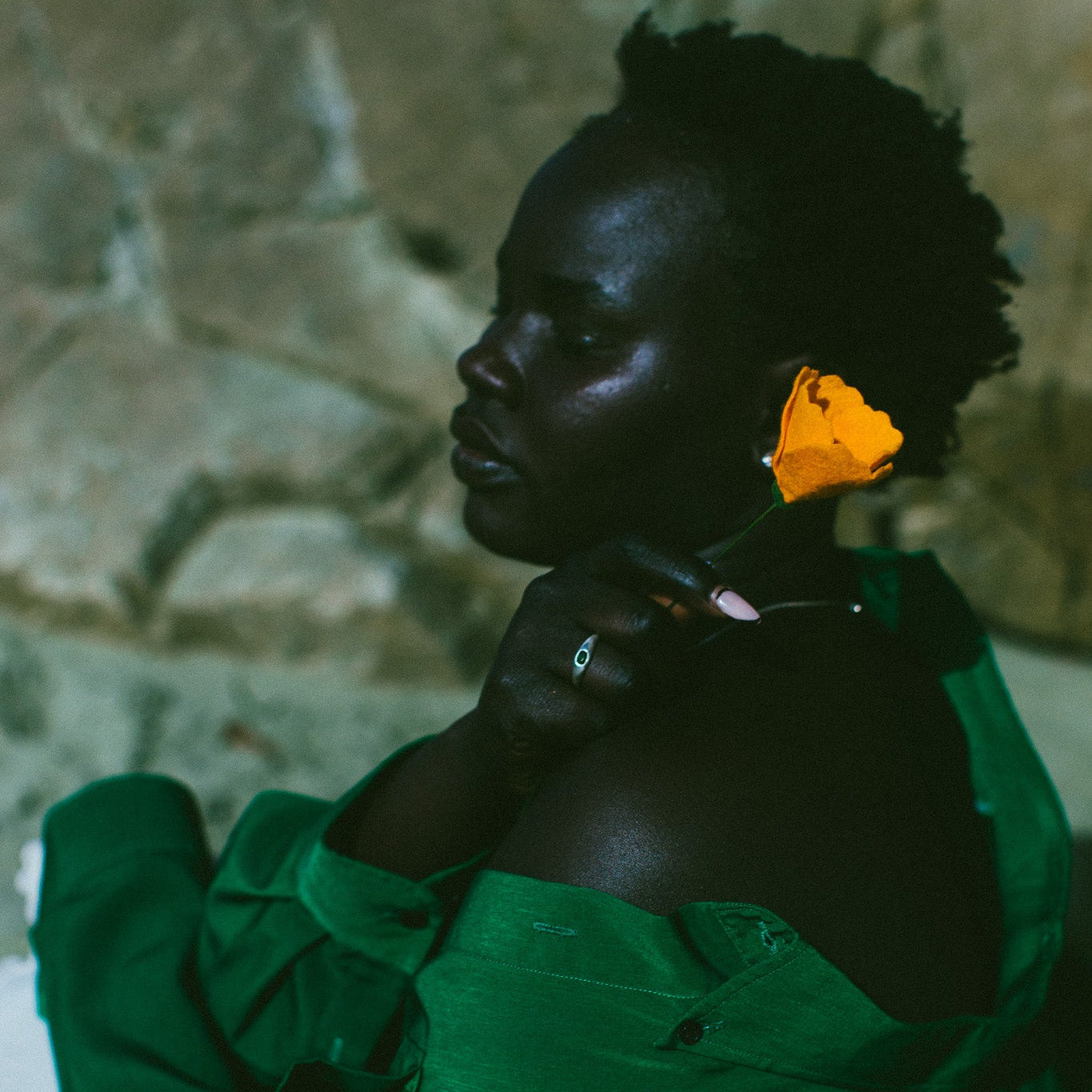 A woman in profile wearing a dark green draped garment, with a bright yellow flower tucked behind her ear, set against a textured stone wall.