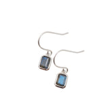 Silver earrings with blue-grey gemstones on a light gray background
