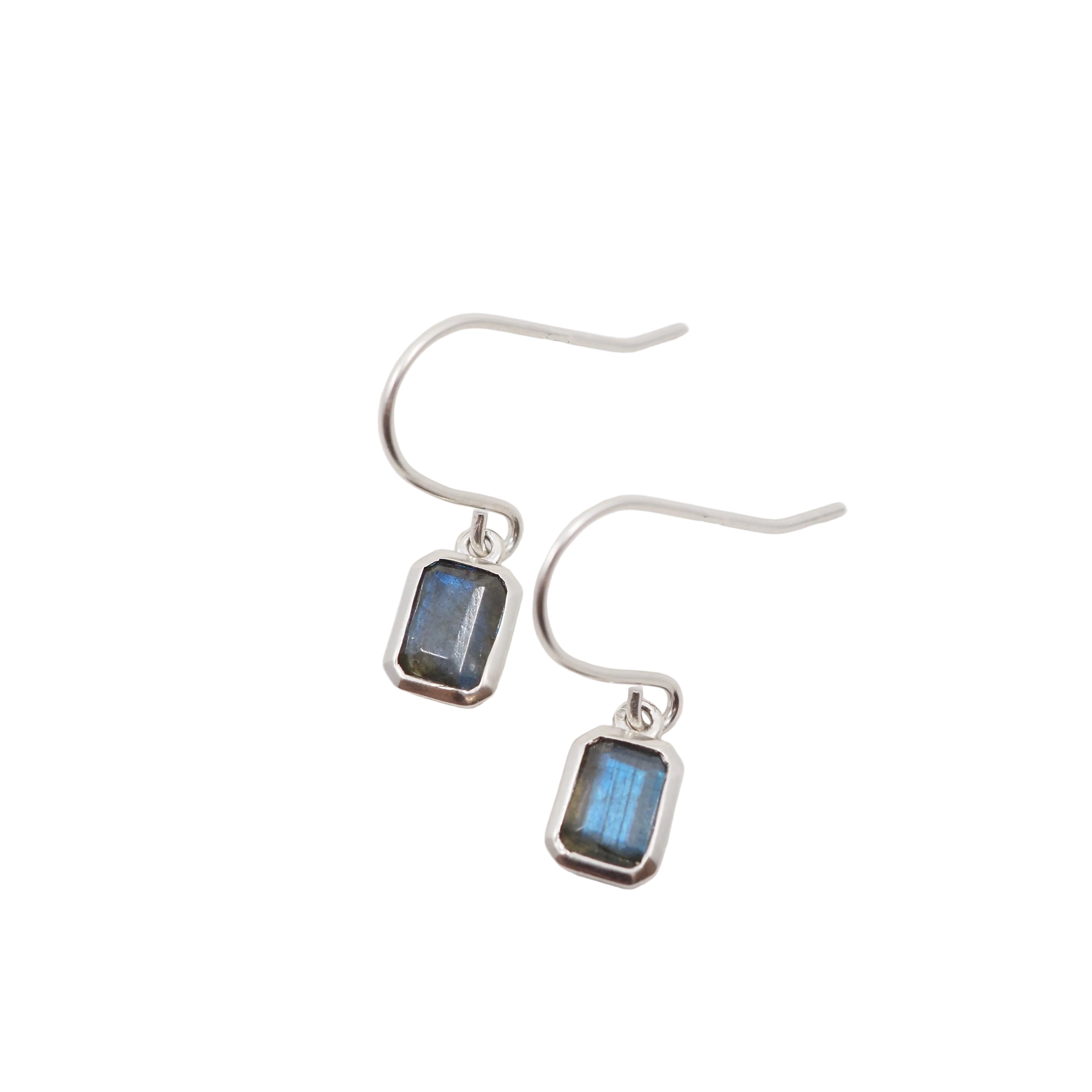 Silver earrings with blue-grey gemstones on a light gray background