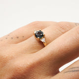 14k Montana Sapphire Round with Trillion Diamonds