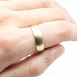 Gold ring on a person's finger against a white background