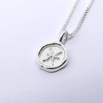 A silver-colored necklace with a pendant featuring a star sign emblem in a circular design, attached to a chain.