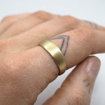 Gold ring on a finger with a white background