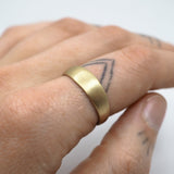 Gold ring on a finger with a white background