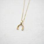 A delicate gold necklace with a small, wishbone pendant, photographed on a light gray textured background.