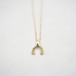 A delicate gold necklace with a small, textured wishbone pendant, photographed against a clean, light off-white background.