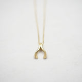 A delicate gold necklace with a small, textured wishbone pendant, photographed against a clean, light off-white background.