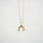 A delicate gold necklace with a small, textured wishbone pendant, photographed against a clean, light off-white background.