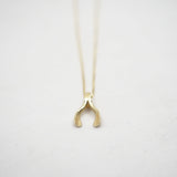 A delicate gold necklace with a small, textured wishbone pendant, photographed against a clean, light off-white background.