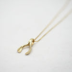 A gold wishbone pendant necklace on a delicate gold chain, photographed on a clean white background.