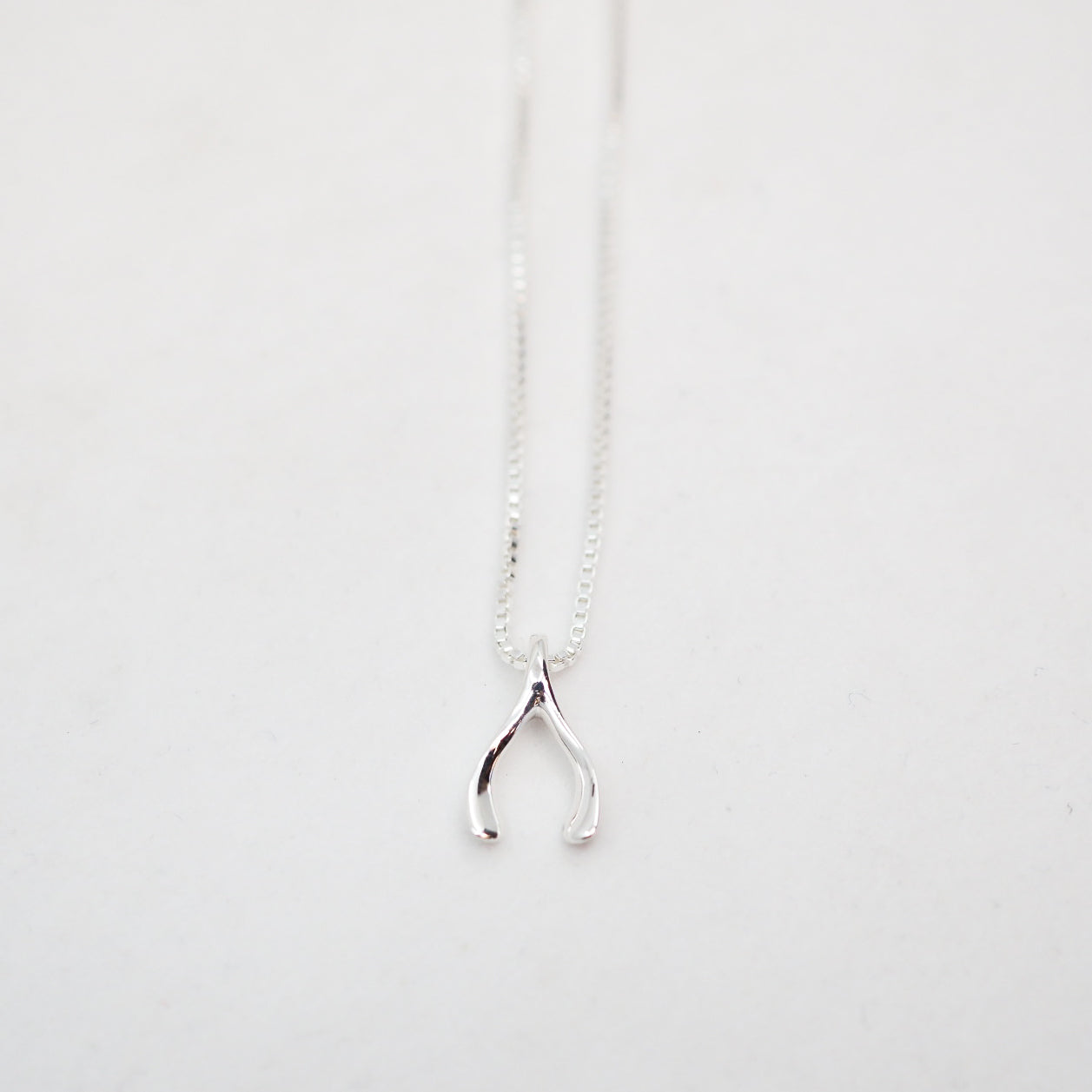 Silver wishbone necklace on a white background
