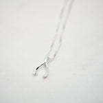 Silver wishbone pendant necklace on a white background