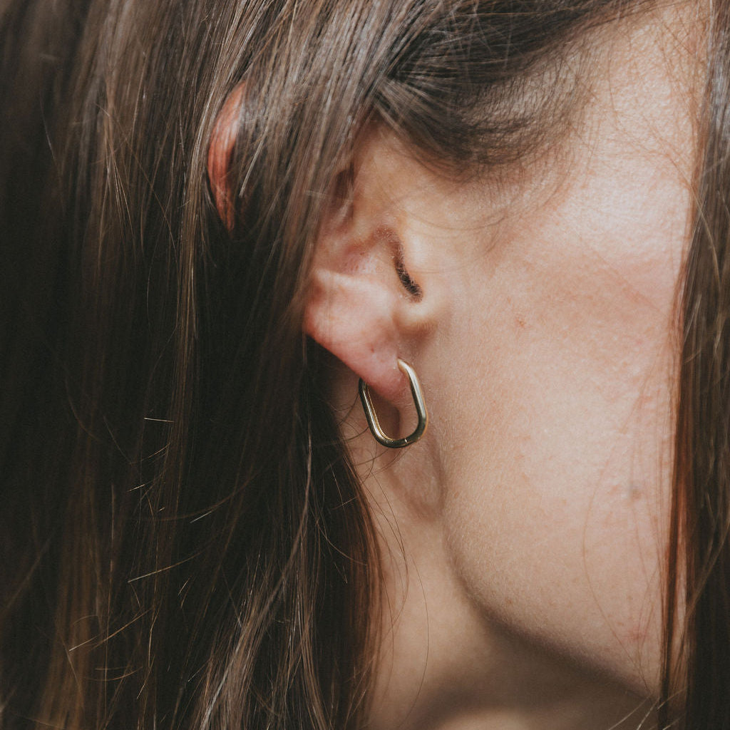 A close-up side profile of a person with long brown hair wearing a small gold hoop earring.