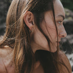 A close-up side profile of a woman with long brown hair wearing a small gold hoop earring, set against a blurred natural outdoor background.