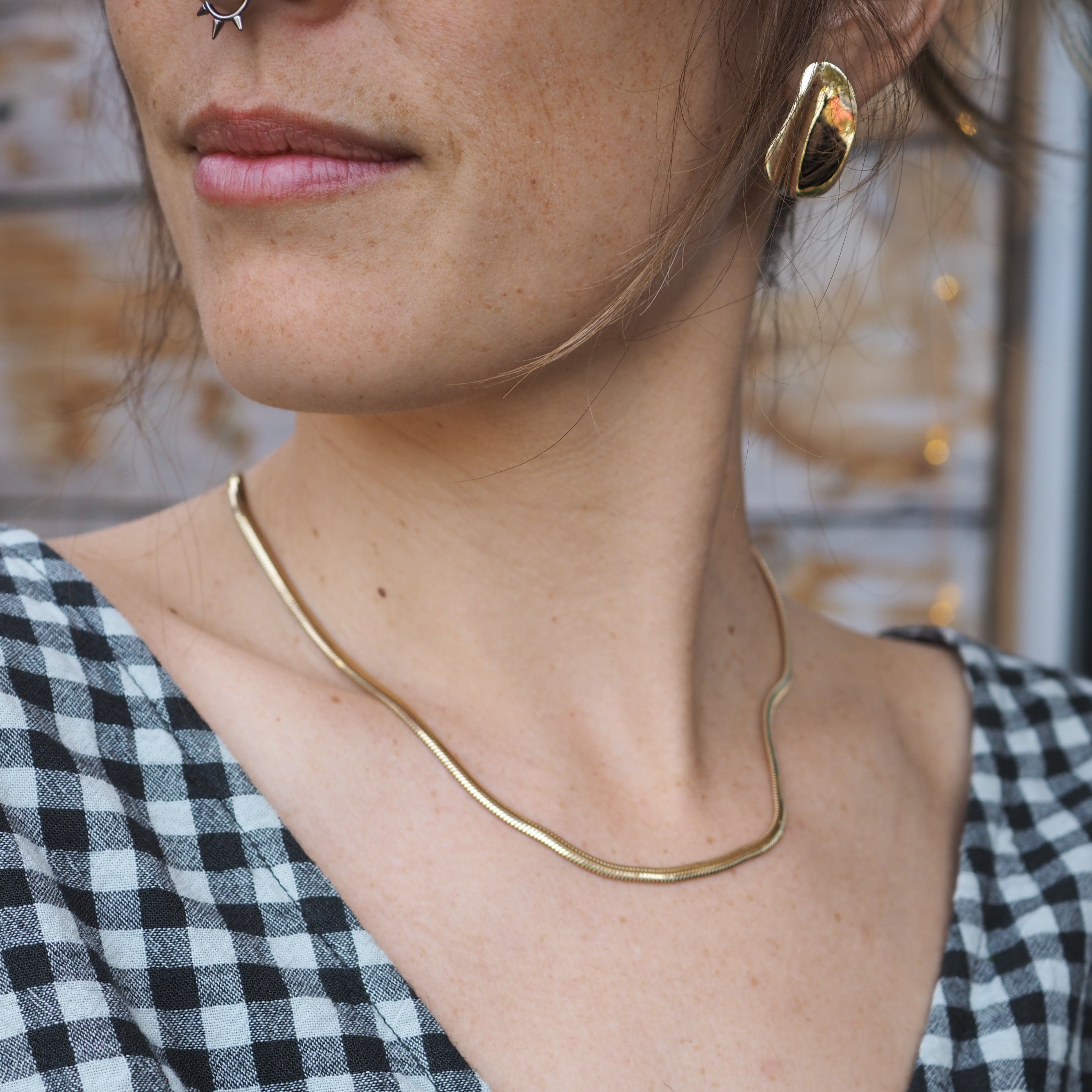 Close-up of a person wearing a gold necklace and earring with a blurred background