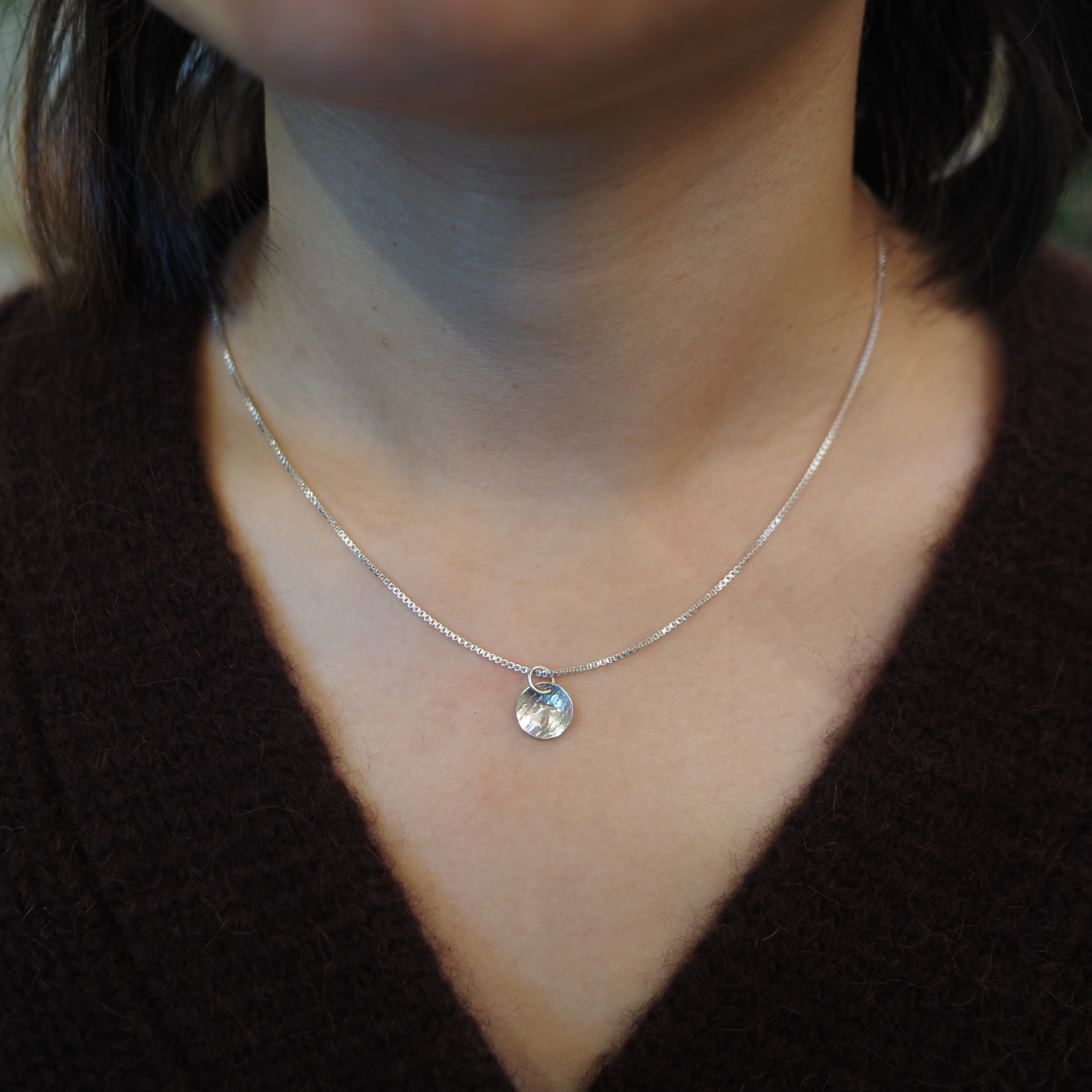 A close-up of a person wearing a delicate silver chain necklace with a small, polished silver disc pendant, styled with a dark brown knit top.