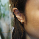 A close-up of a person's ear wearing a small gold hoop earring, with dark brown hair and a softly blurred indoor background.
