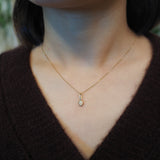 A close-up of a person's neck and chest wearing a delicate gold chain necklace with a small pendant, paired with a dark brown knit V-neck sweater.