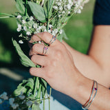 Hand holding a bouquet of flowers with a blurred natural background
